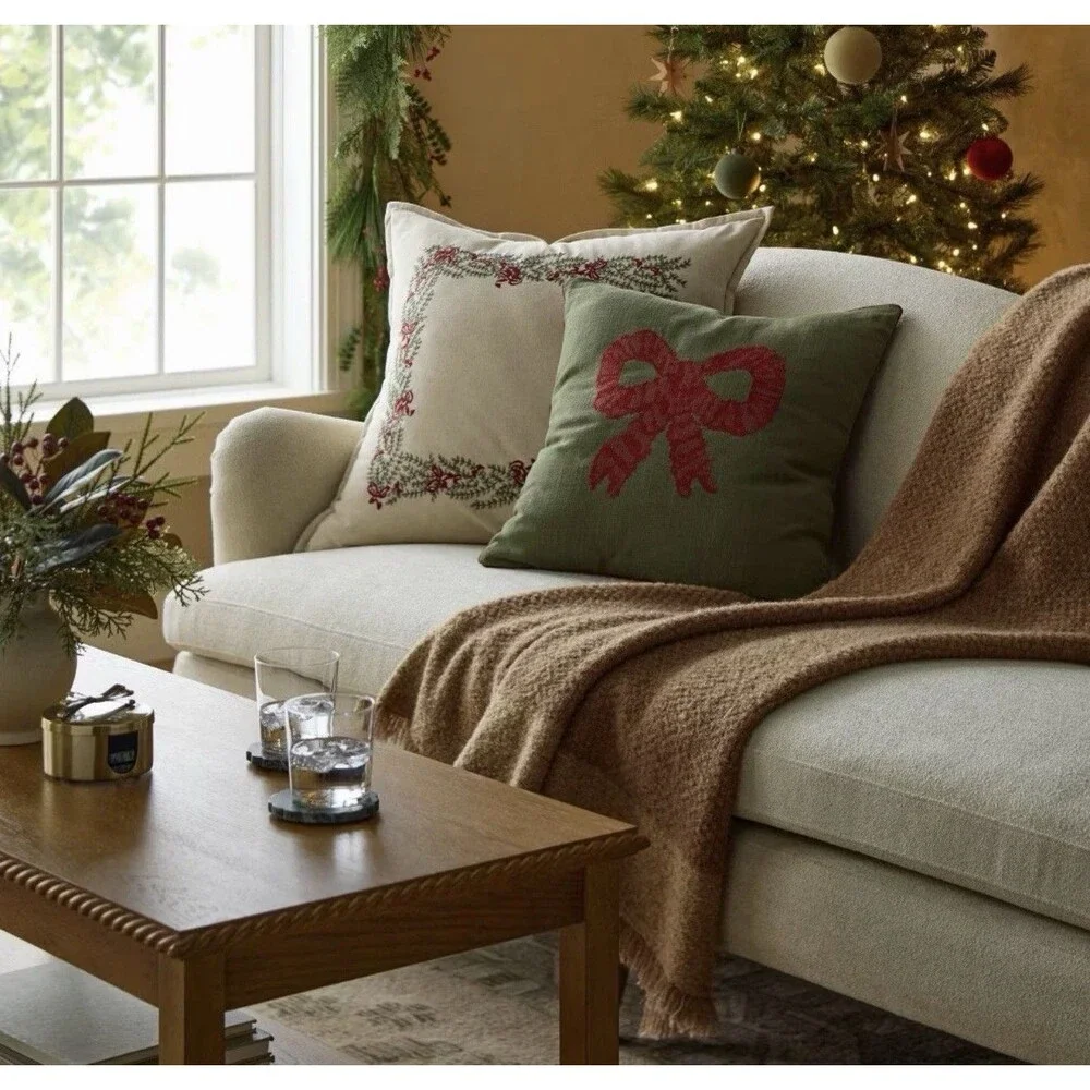 Natural Embroidered Green and Bows Pillow- 24 x 24